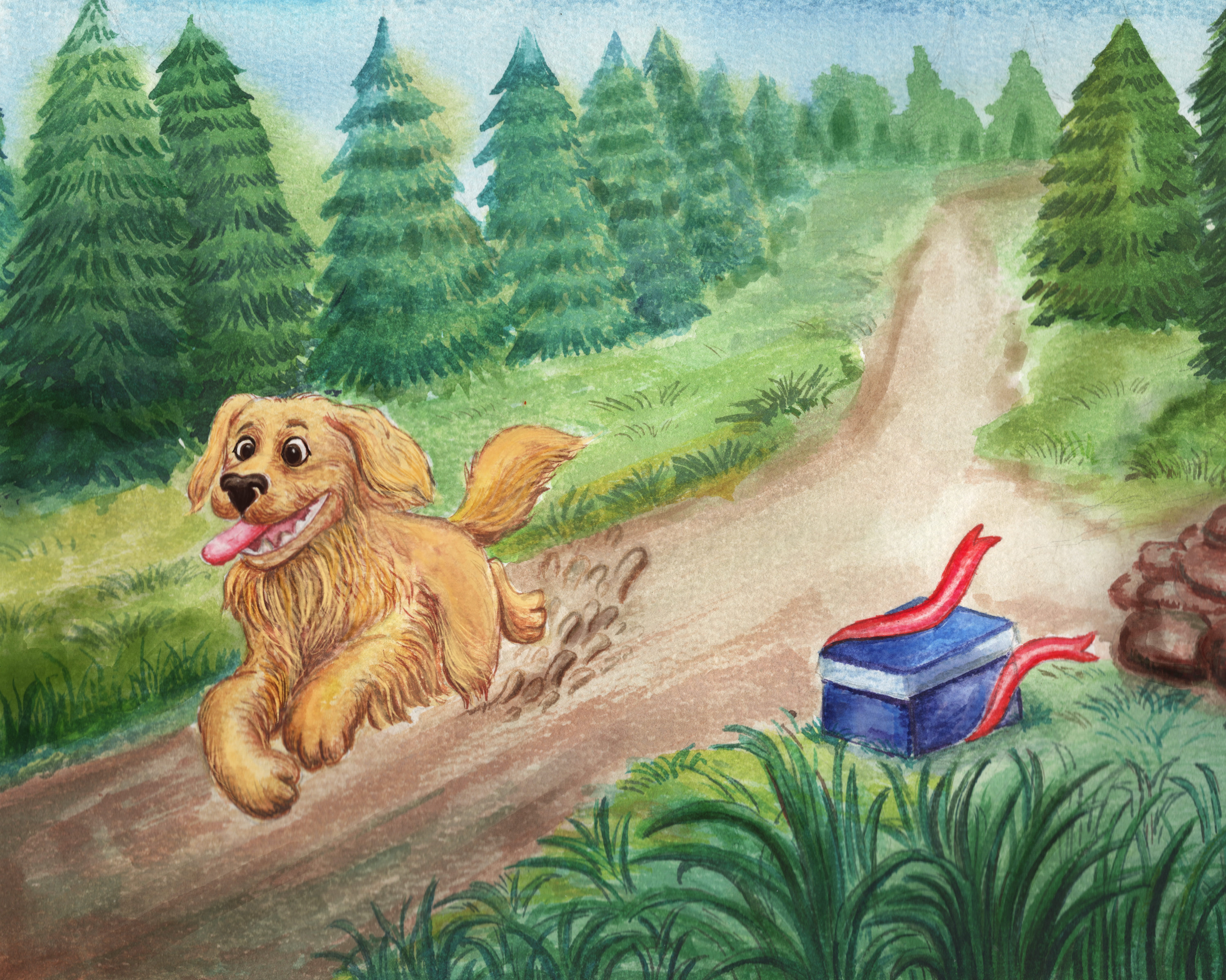Watercolour illustration of Ranger the golden retriever running joyfully down a forest path